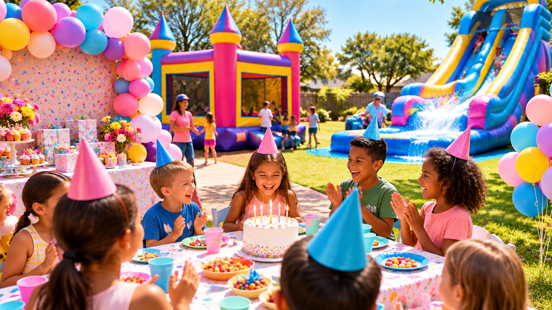 Children at a colorful outdoor birthday party with cake, balloons, and inflatable play structures