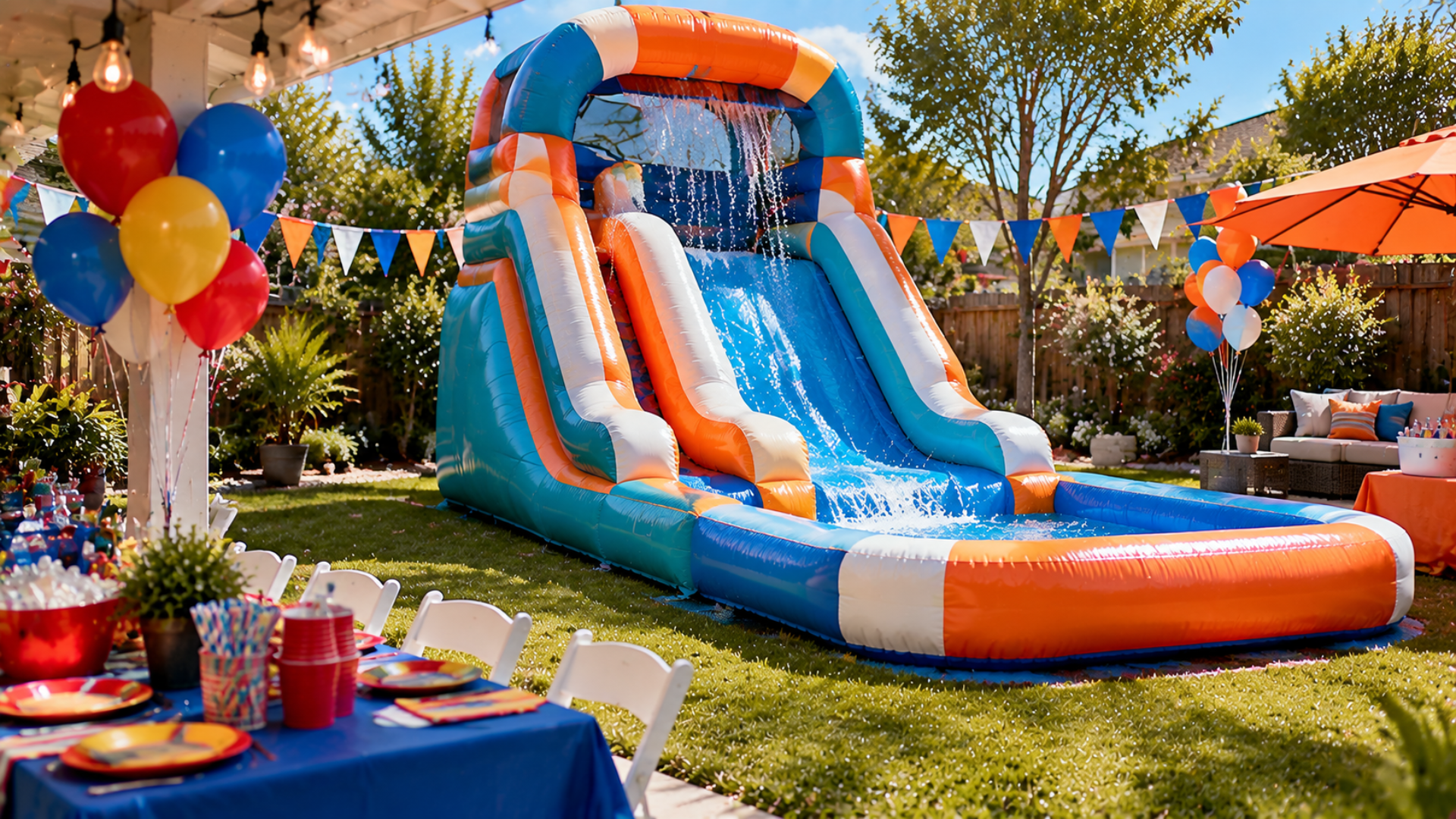 Colorful inflatable bounce house slide at an outdoor party with balloons, tables, and sunny backyard decorations