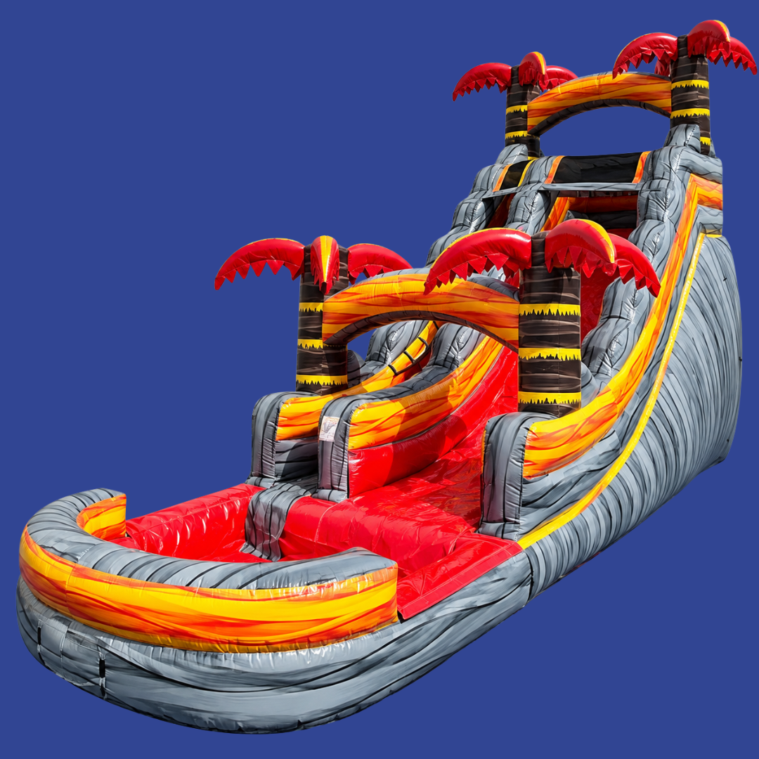 Colorful inflatable water slide with red and yellow ramps, gray sides, and palm-tree decorations on a blue background