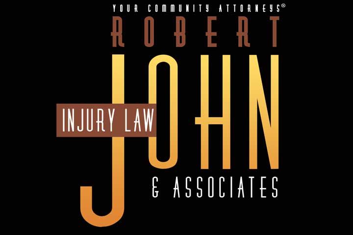 Robert John & Associates injury law logo on black background, orange and white text