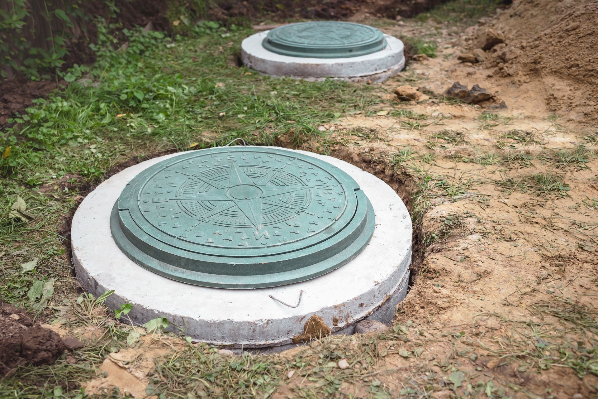 Two round green utility covers set in concrete rings on a dirt and grass patch outdoors