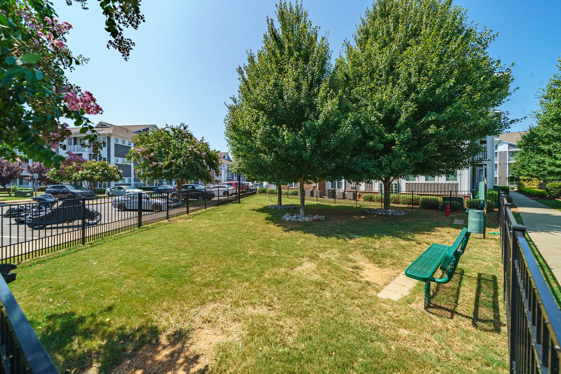 Sunny park with green lawn, trees, benches, and a fenced walkway beside parked cars at Willows at Fort Mill apartments for rent in SC.