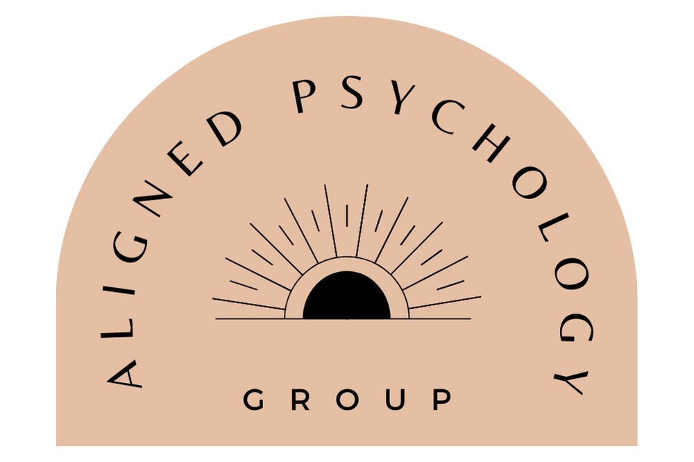 A logo for aligned psychology group with a sun in the middle.