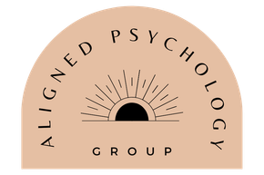 A logo for aligned psychology group with a sun in the middle.
