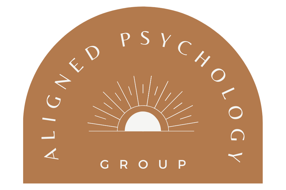 A logo for aligned psychology group with a sun in the middle.