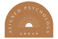 A logo for aligned psychology group with a sun in the middle.