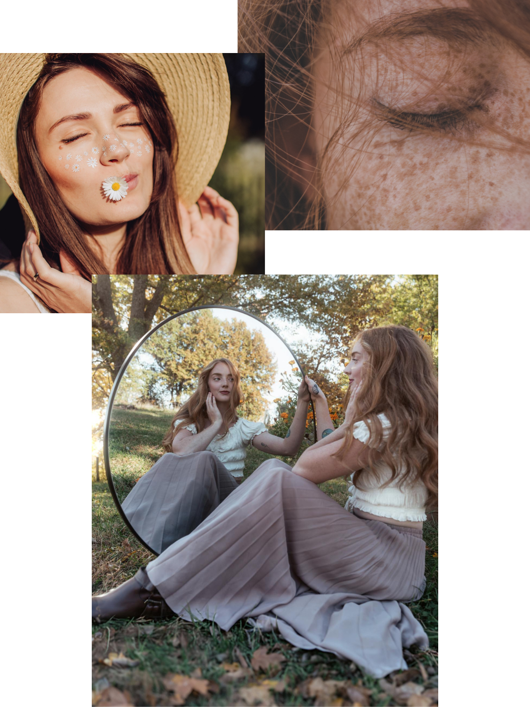 A woman is sitting in front of a mirror with a flower in her mouth.