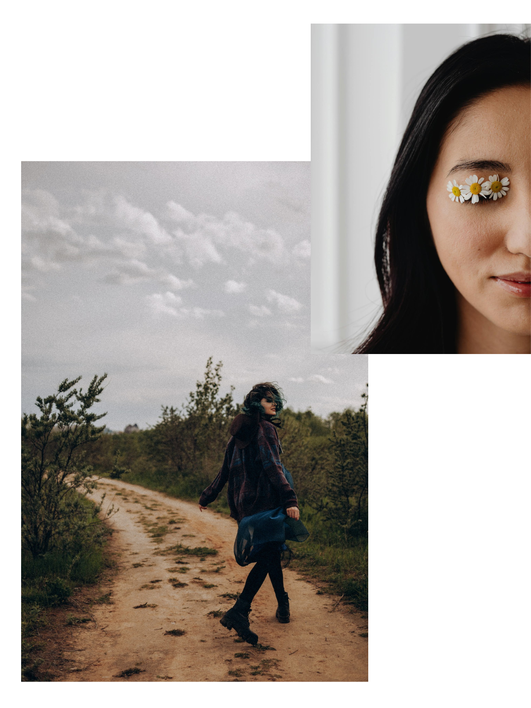 A woman with a flower on her eye is walking down a dirt road.