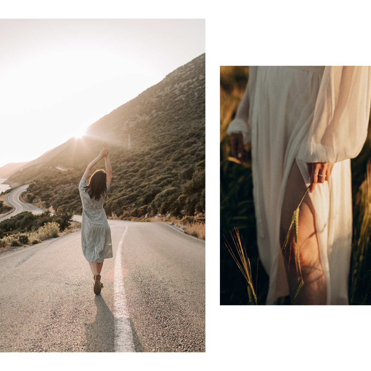 A woman in a white dress is walking down a road.