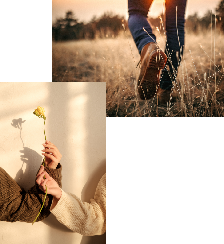 A woman is holding a yellow rose and a man is walking in a field.