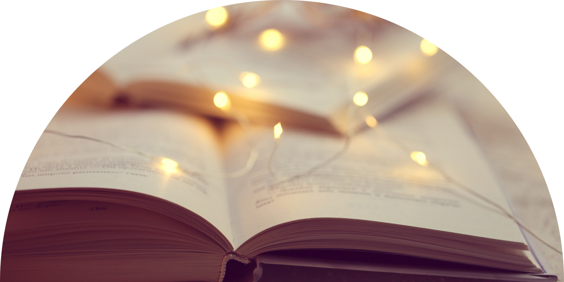 A close up of an open book with a string of lights in the background.