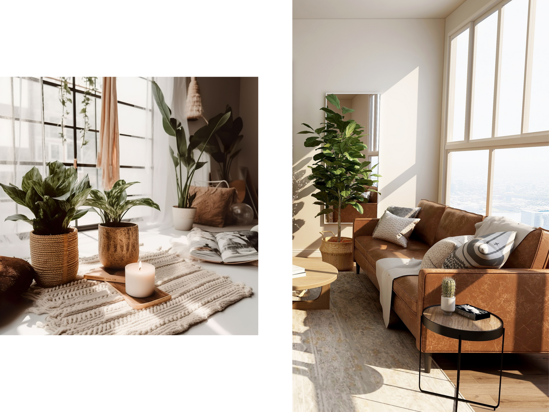 Two pictures of a living room with plants and a couch.