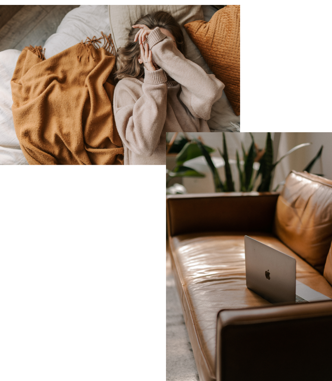 A woman laying on a bed with a blanket and a laptop on a couch