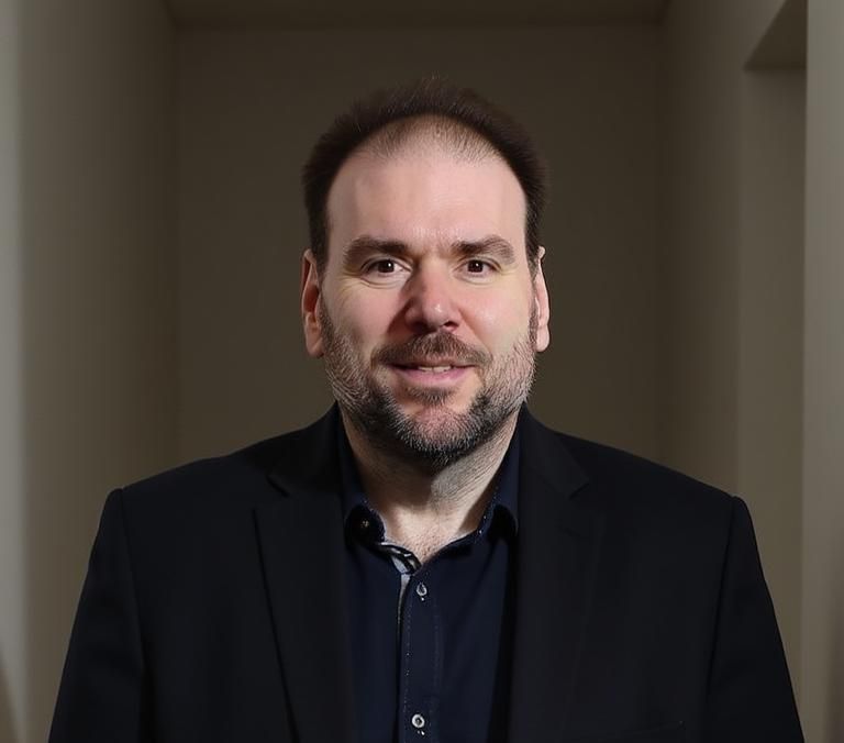 A man with a beard is wearing a black suit and a blue shirt.