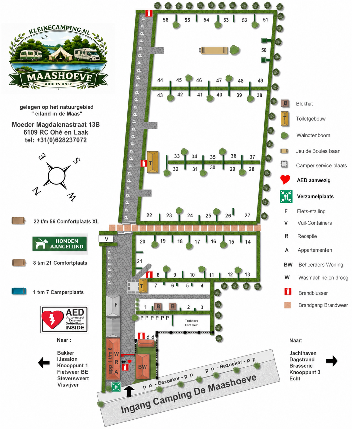 Plattegrond van Camping De Maashoeve met kampeerplaatsen, blokhutten en voorzieningen