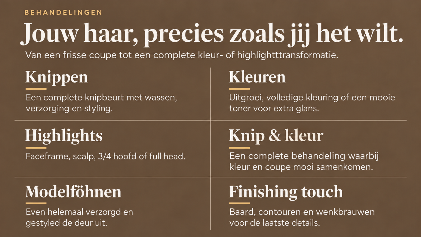 Bruine menukaart voor salondiensten met de kop “Jouw haar, precies zoals jij het wilt.”