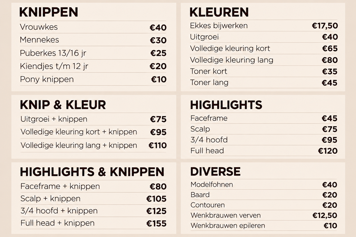 Prijslijst van de kapsalon met onderdelen voor knippen, kleuren, highlights en andere behandelingen.