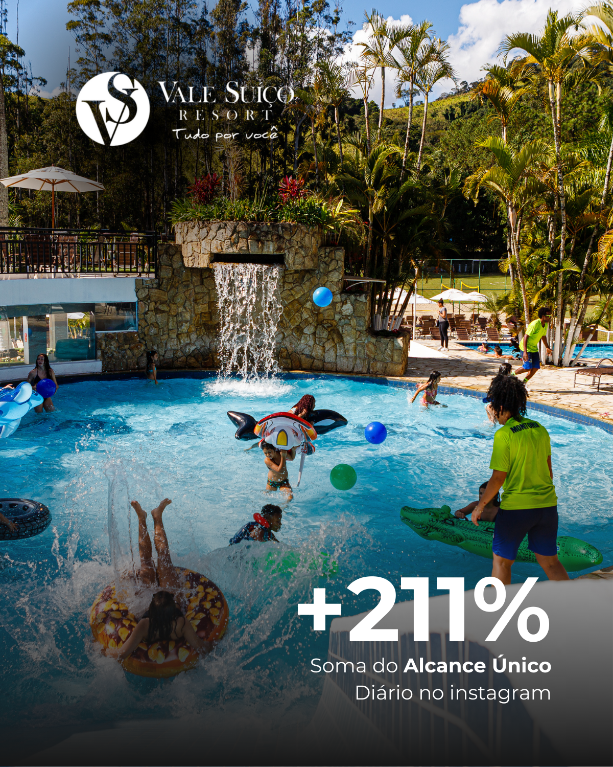 Swimming pool at Vale Sico Resort. People swimming. Waterfall. Text: