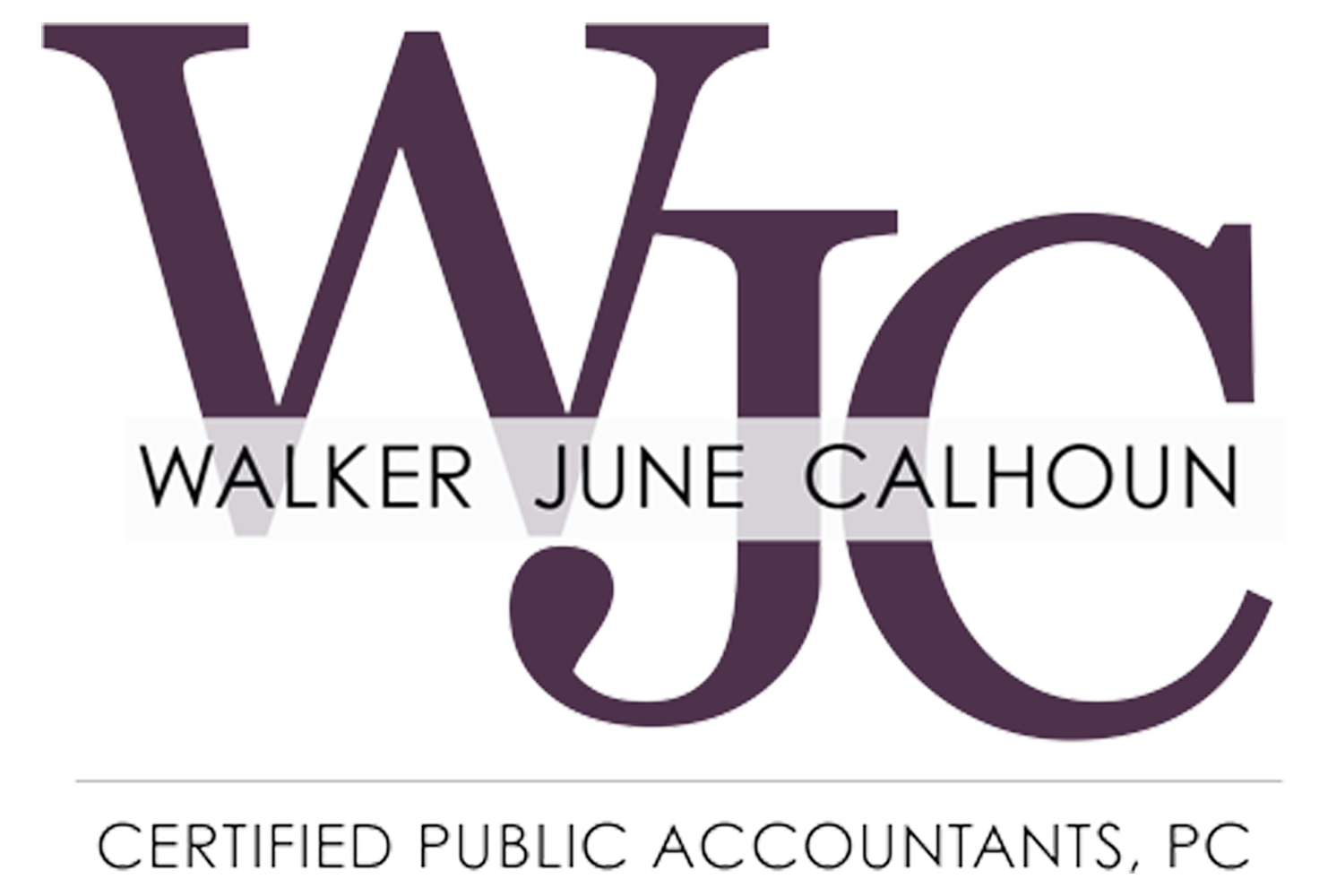 Purple WJC initials logo with the full name Walker June Calhoun, Certified Public Accountants, PC.