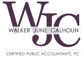Purple WJC initials logo with the full name Walker June Calhoun, Certified Public Accountants, PC.