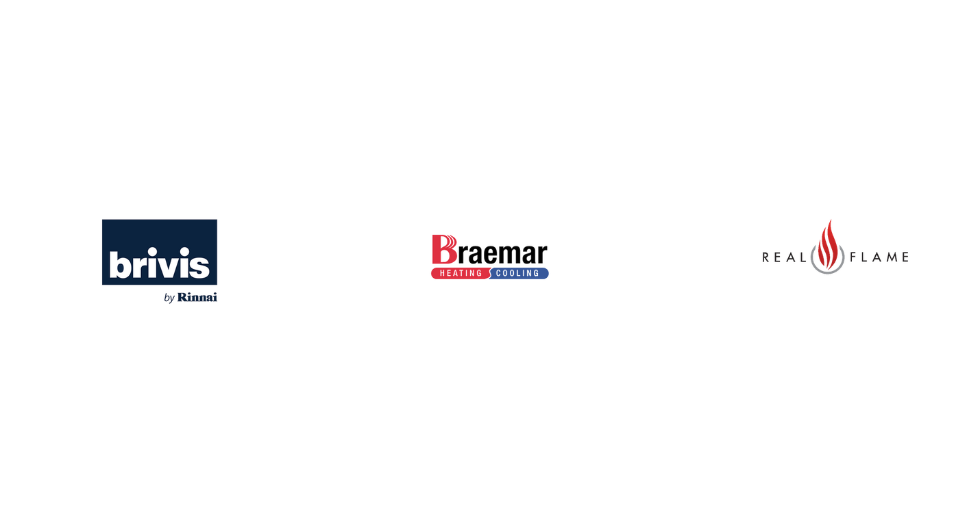 brivis by rinnai, braemar heating and cooling and real flame logos on white background