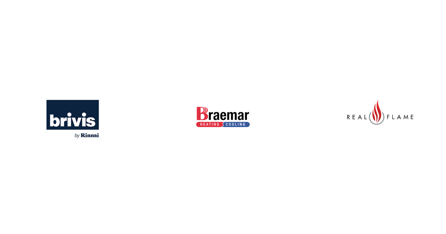 brivis by rinnai, braemar heating and cooling and real flame logos on white background