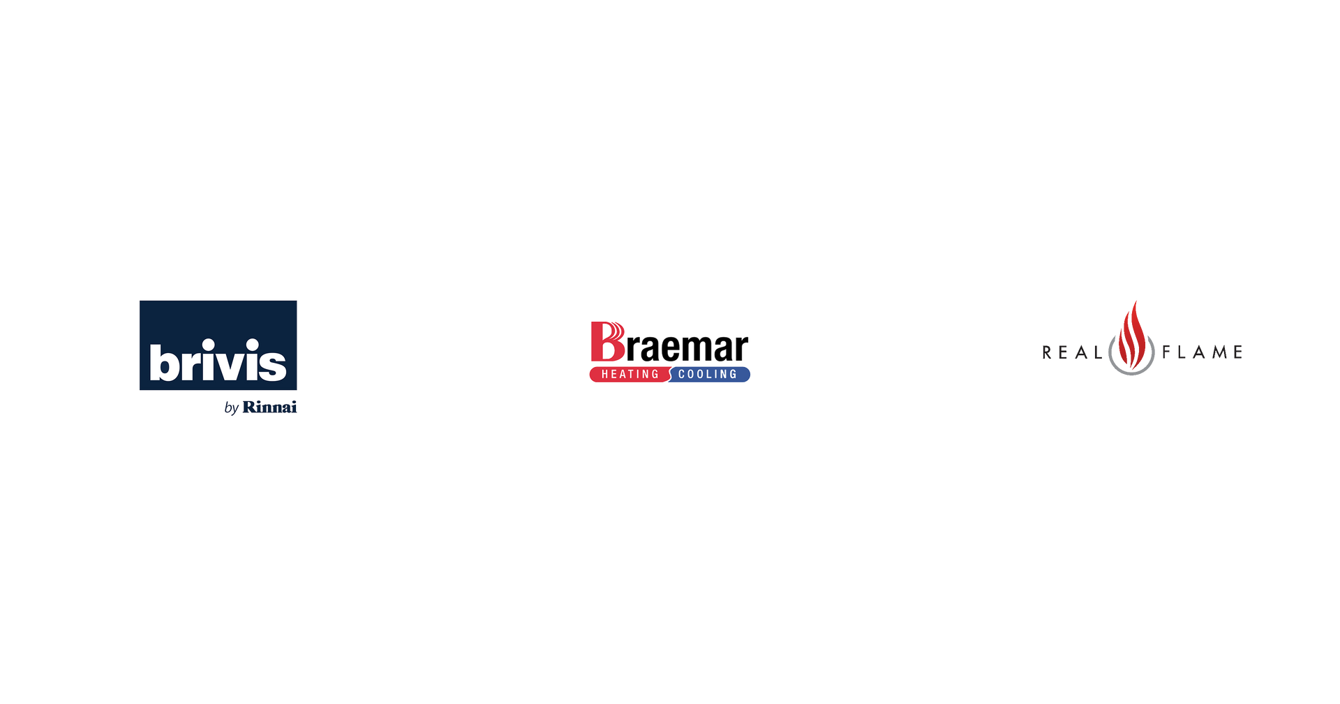 brivis by rinnai, braemar heating and cooling and real flame logos on white background