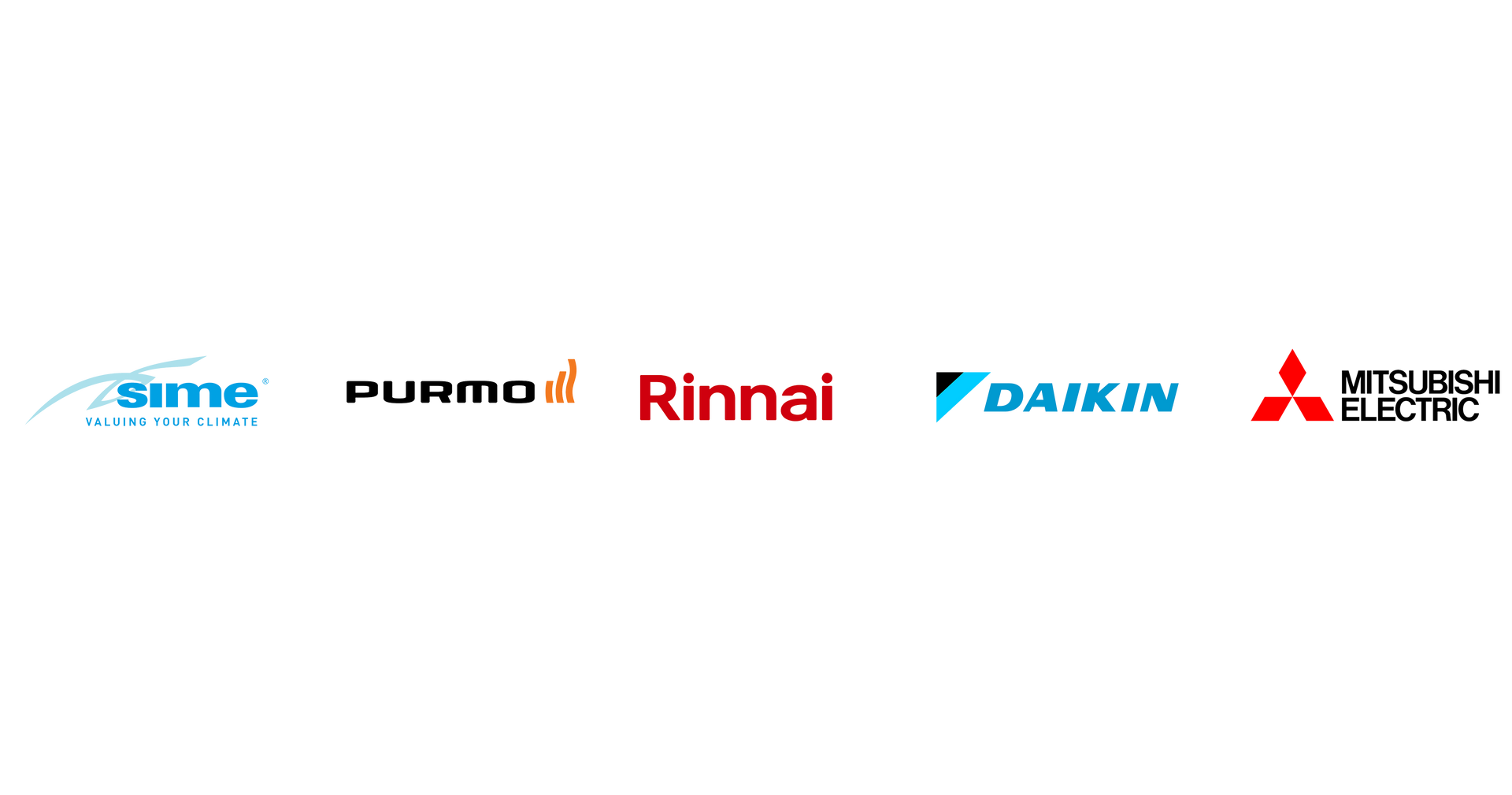 sime, purmo, rinnai, daikin and mitsubishi electric logos on white background