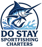 Logo for "Do Stay Sportfishing Charters" featuring a blue marlin jumping out of waves inside a circular border.