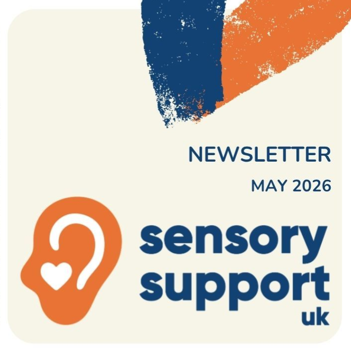 Sensory Support UK newsletter cover, May 2026, with orange and blue logo and brushstroke design