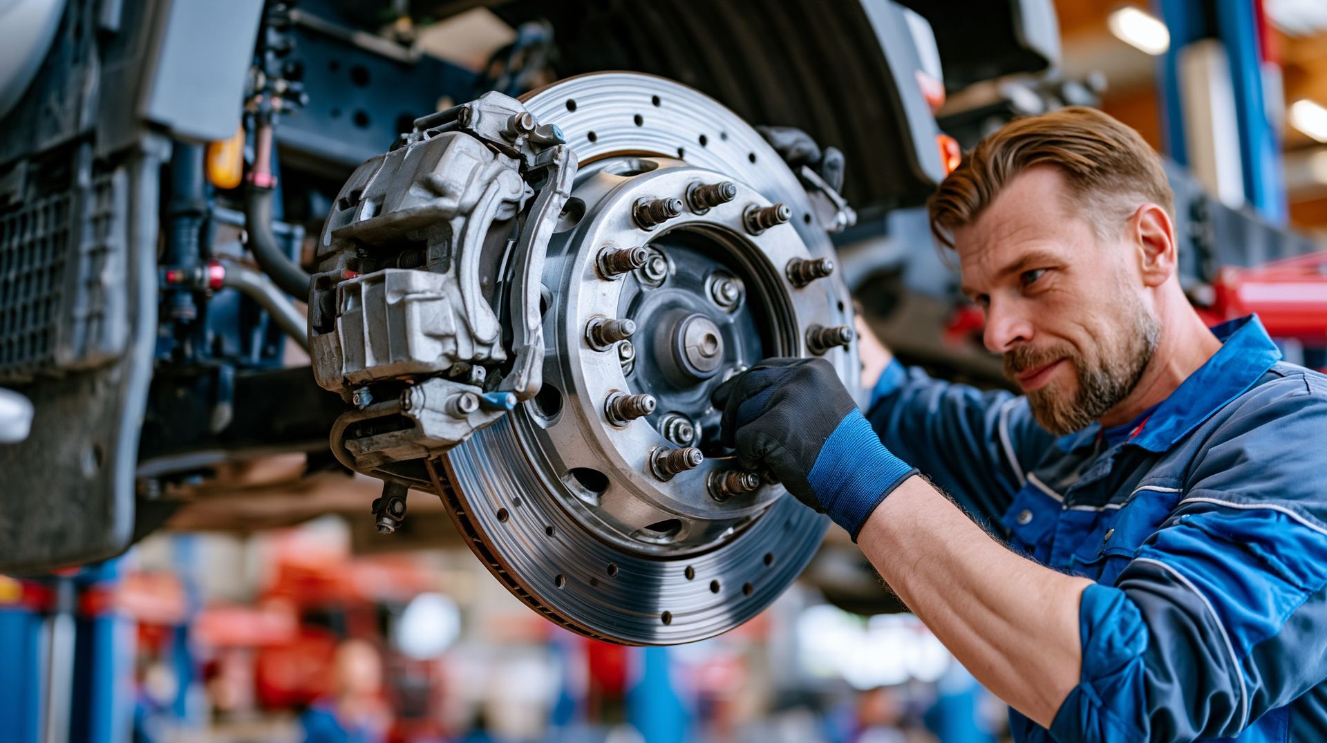 Technician inspecting a heavy-duty disc brake rotor during trailer brake repairs in a service shop.