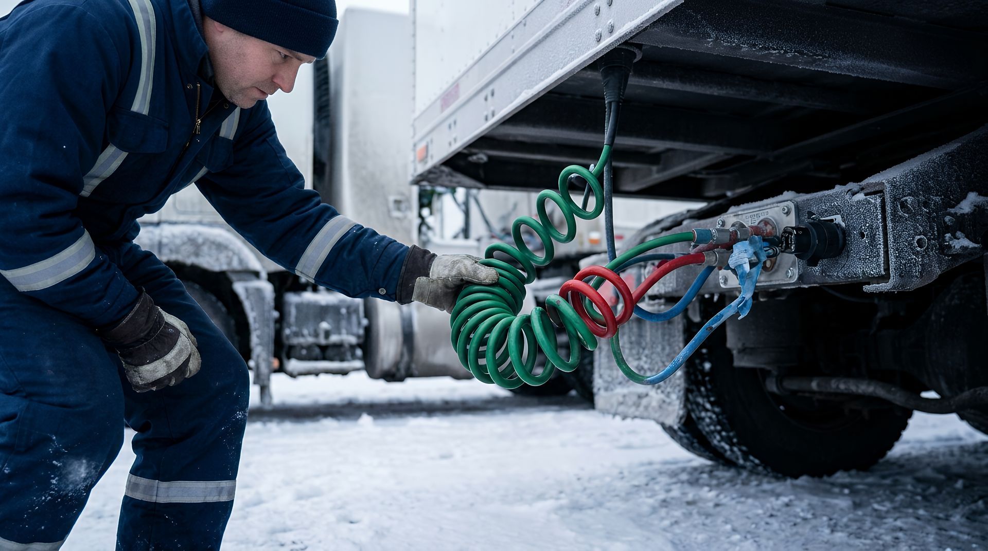 Technician in winter gear connecting coiled air and power lines during trailer electrical repairs. Technician in winter gear connecting coiled air and power lines during trailer electrical repairs.
