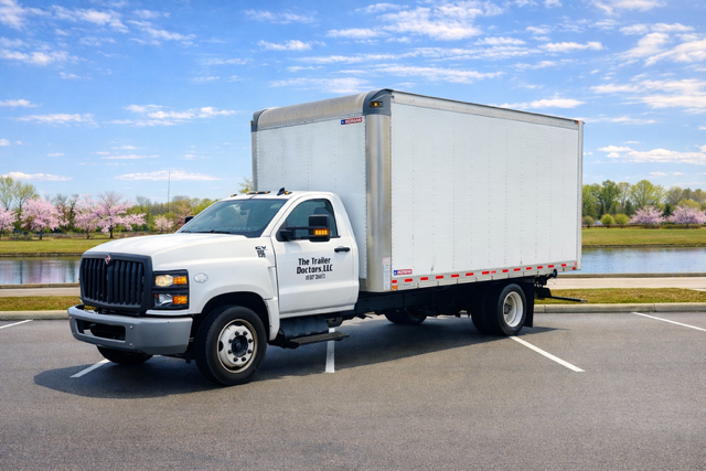 White box truck parked in a lot beside a road with blue sky and trees in the background