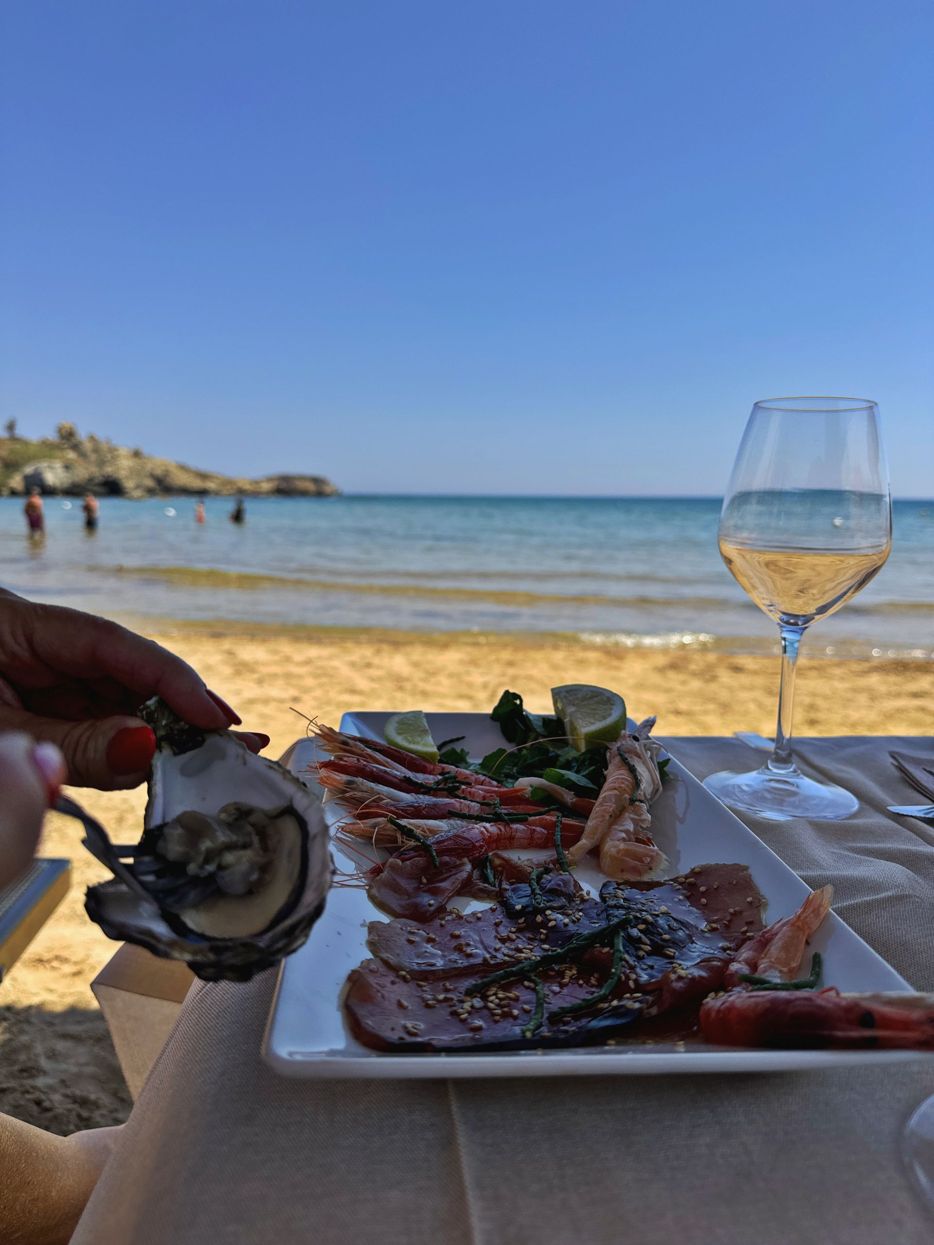 Un piatto di cibo su un tavolo con un bicchiere di vino e una spiaggia sullo sfondo.