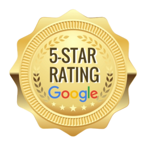 Gold badge with "5-STAR RATING" text and Google logo, surrounded by laurel and stars.