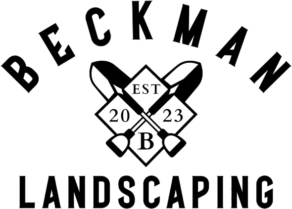 Black and white logo for Beckman Landscaping with crossed shovels and diamond shape reading 