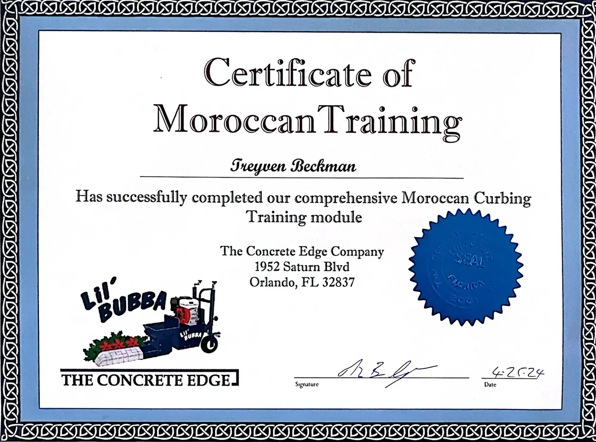 Certificate for Moroccan Curbing Training from The Concrete Edge Company, Orlando.