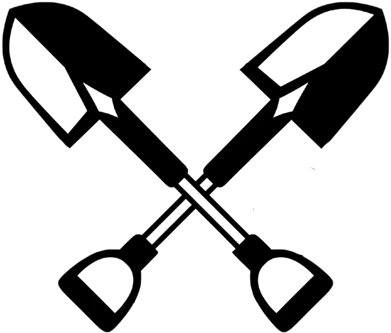 Two crossed shovels, black and white, possibly for a construction or landscaping symbol.