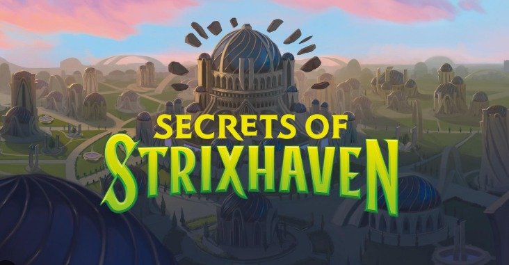 Titolo di “Secrets of Strixhaven” su un campus fantasy al tramonto.