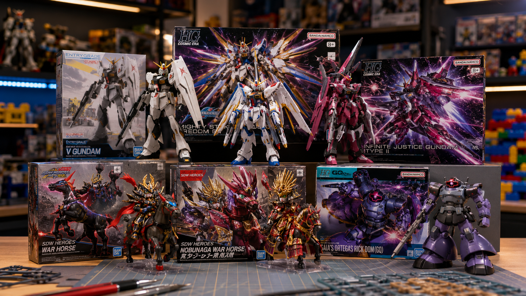 Esposizione di sei dettagliati modellini di Gundam in un'officina, con alle spalle scatole illustrate con disegni di mecha colorati.
