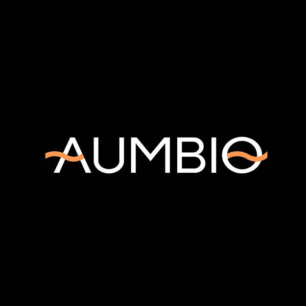 AUMBIO logo in white on black with an orange wave line through the text