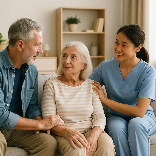 Three people talking on a couch, with a caregiver comforting an elderly woman in a bright living room
