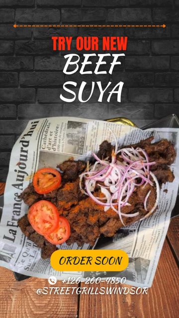 Promo poster for Beef Suya with grilled meat, tomatoes, onions, and an order button