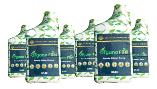 Four bottles of organa fuel are lined up in a row