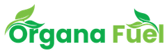 A logo for organa fuel with green leaves on a white background.