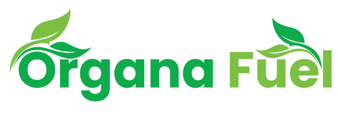A logo for organa fuel with green leaves on a white background.
