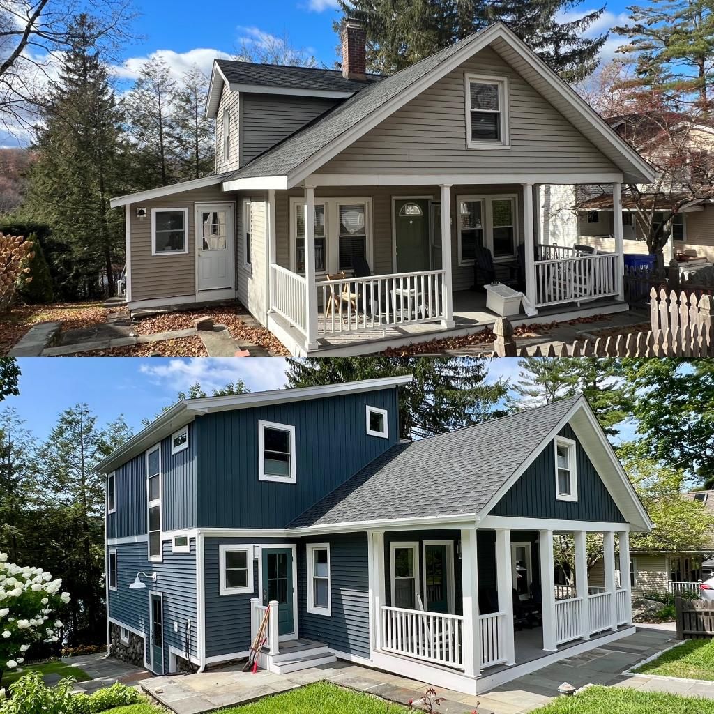 Two views of a blue-gray house with white trim, front porch, and gabled roof among trees.