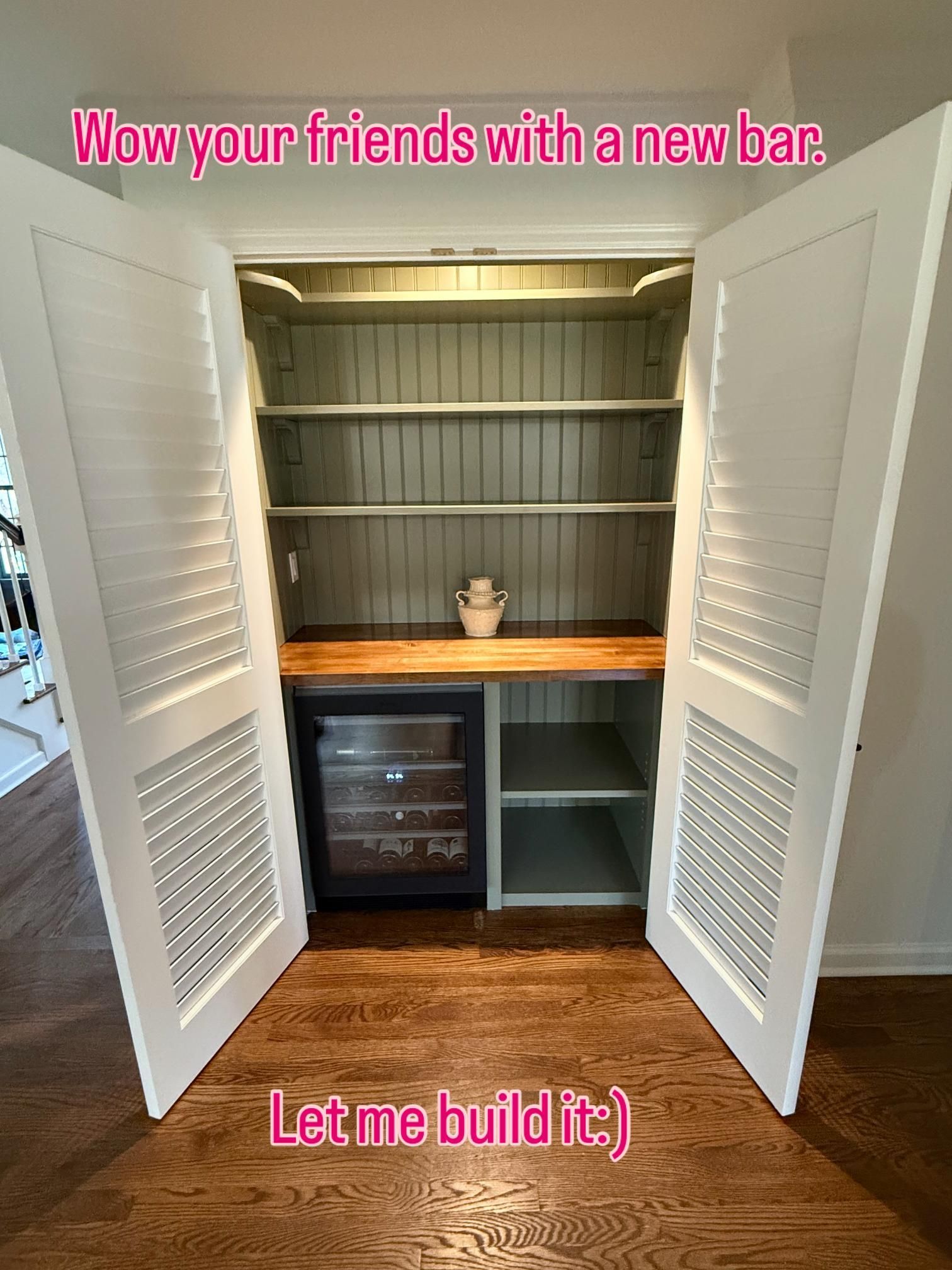 Open closet turned into a built-in bar with shelves, wood counter, mini fridge, and open white doors