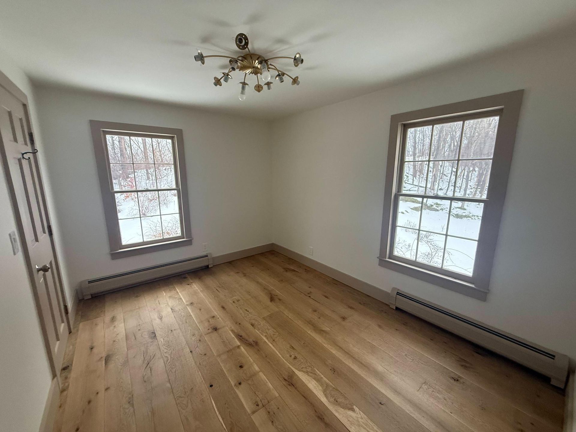 Empty room with hardwood floors, two windows, and a ceiling light fixture