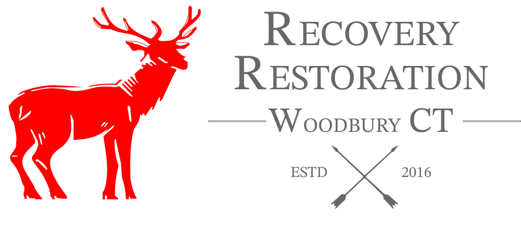 Red deer logo with &ldquo;Recovery Restoration Woodbury CT&rdquo; and crossed tools, est. 2016